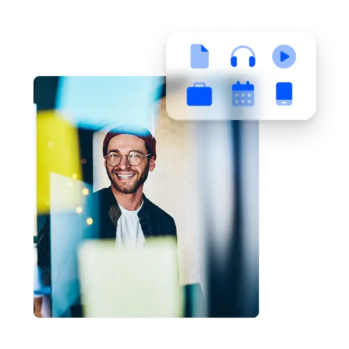 Icons representing different media types such as audio books, podcasts, music, ebooks, papers, newspapers, videos and more
