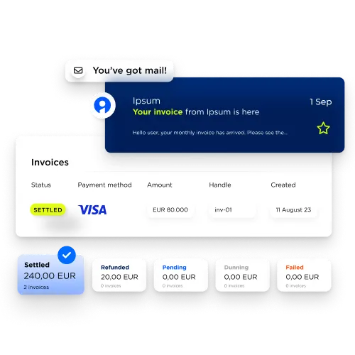 A visual of subscription messaging and billing such as automated emails, invoicing status overview including payment methods, amount and more