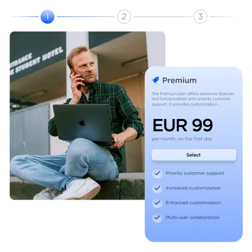 A subscription plan (premium) priced at 99€ with different features listed