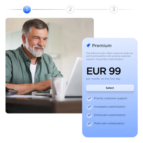 A subscription plan (premium) priced at 99€ with different features listed
