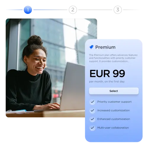 A subscription plan (premium) priced at 99€ with different features listed