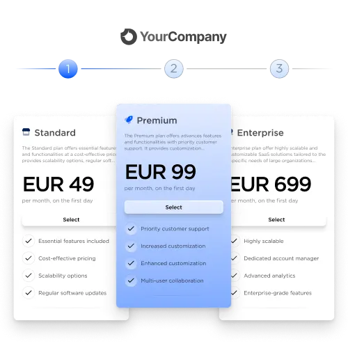 A subscription pricing page example showing how you can present your subscription plans with all necessary information as a no-code page with Frisbii