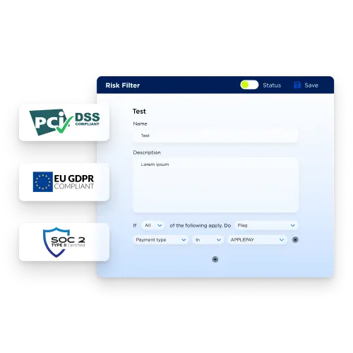 A risk filter option as well as PCI DSS, EU GDPR and SOC2 certificates