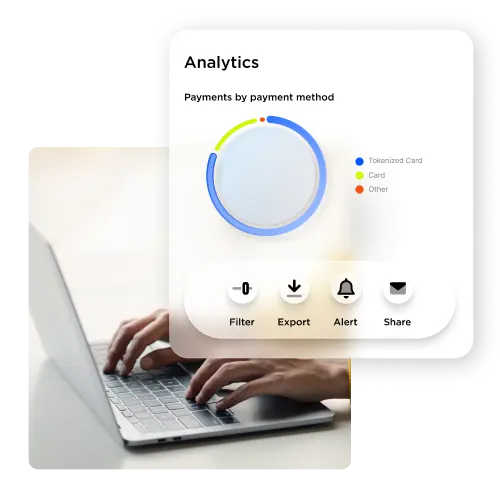 Analytics dashboard with filter, export, alert and share options